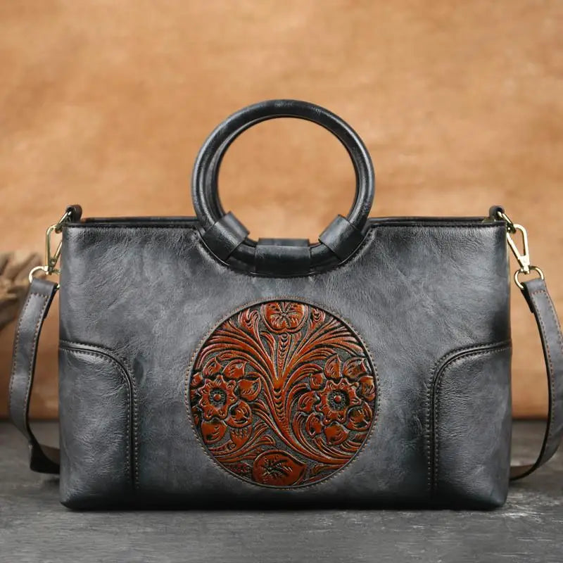 Harriet™ leather handbag with vintage embossing